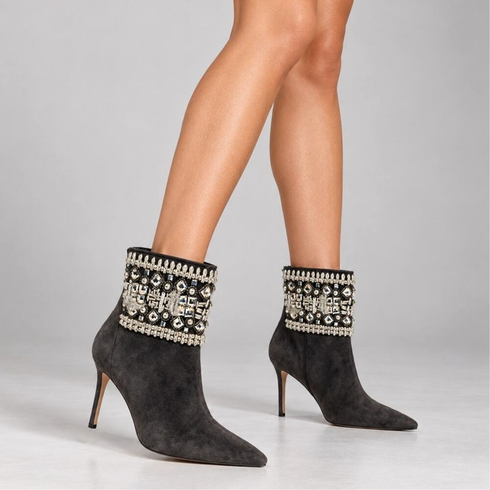 Manolo Blahnik 10 Beaded Crystal Ankle Boots $1100 Suede Western Gray 40.5
